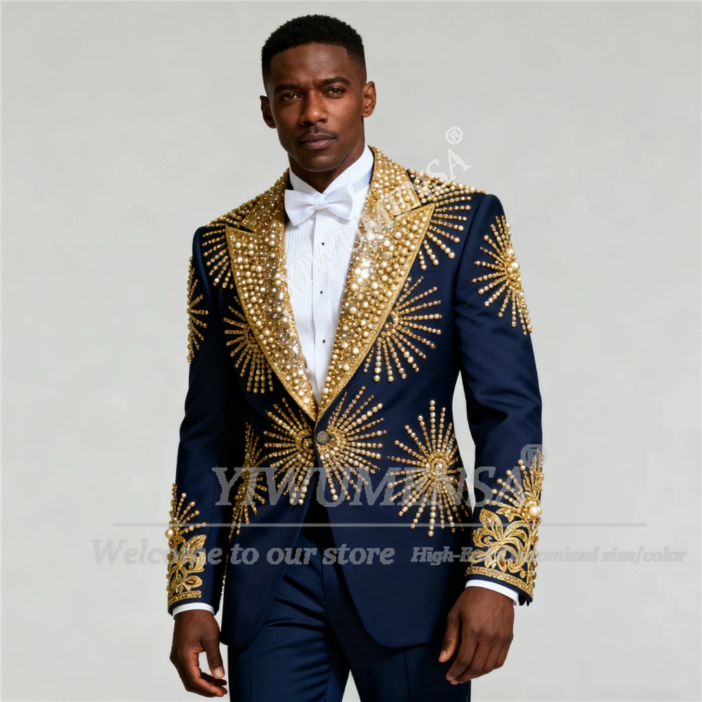 

Мужской костюм с золотыми кристаллами и жемчугом, блестящие блейзеры для жениха с блестками, индивидуальные комплекты из 2 предметов, мужские банкетные смокинги 2026