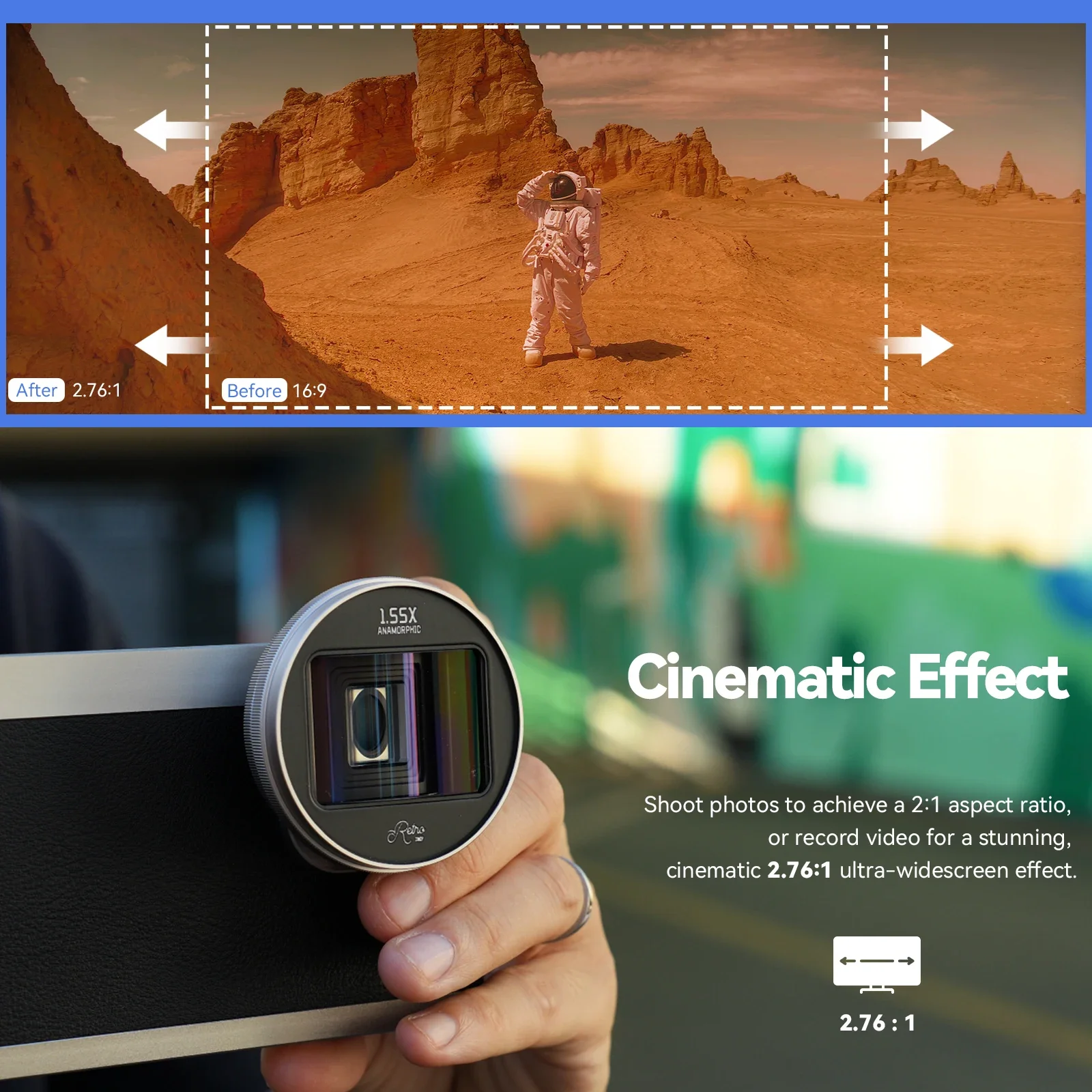 FG Fotorgear 1.55x Blue Anamorphic Lens Compatible with iPhone Android Samsung, Cinematic Smartphone Lens with Ultra-Wide View