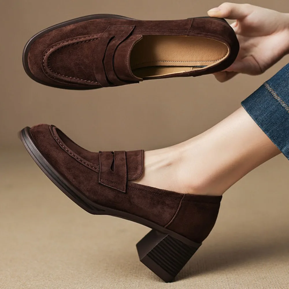 Round Head Shoes Women's Round Head Commuting Thick High Heels Single Shoes Women's Single Pedal Small Leather Shoes Soft Sole