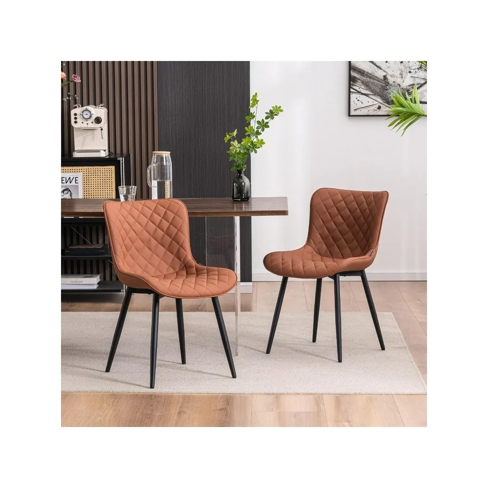 

Brown Dining Chairs Set of 2 Mid Century Modern PU Leather Diamond Upholstered Accent Guest Dinner Chair with Back Metal Legs