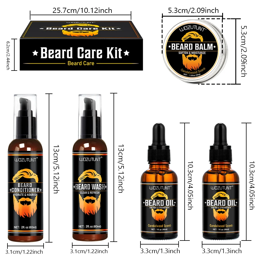 Beard Care Kit for Men, Wash Conditioner Beard Oil and Balm with Comb Brush and Scissors, Sandalwood Scented, Perfect Gift for Men