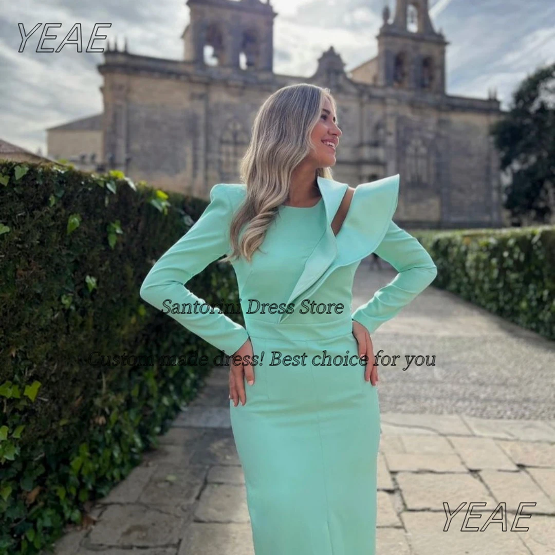 Santorini Customized Prom Dresses O-Neck Long Sleeves Evening Party Saudi Arabia Women Wear Front Slit Cocktail Dress