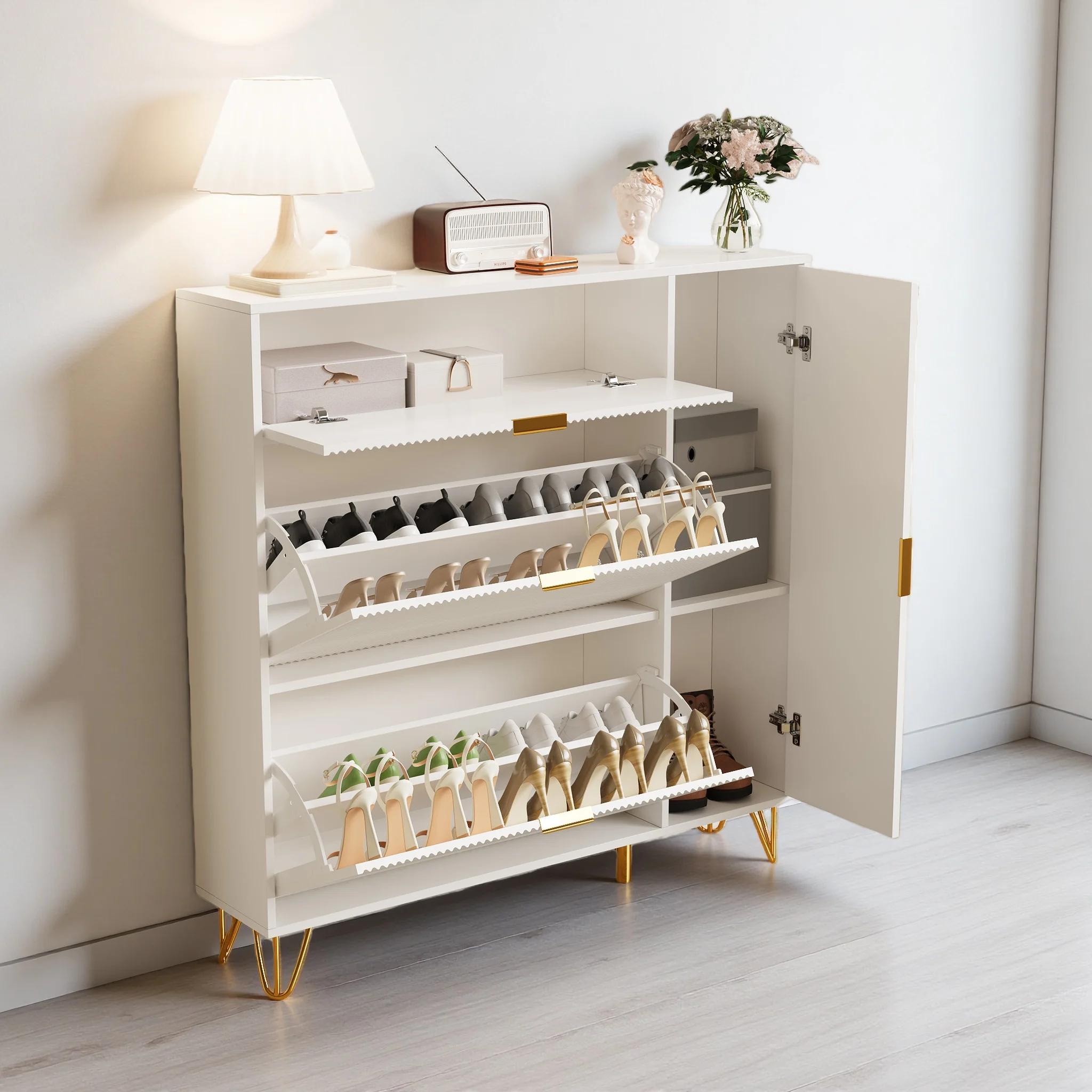 Comanlai Schuhschrank mit 3 Klappen, Platzsparender Schmaler Schuhschrank, Holz-Schuhregal für Eingangsbereich, Flur, Wohnzimmer