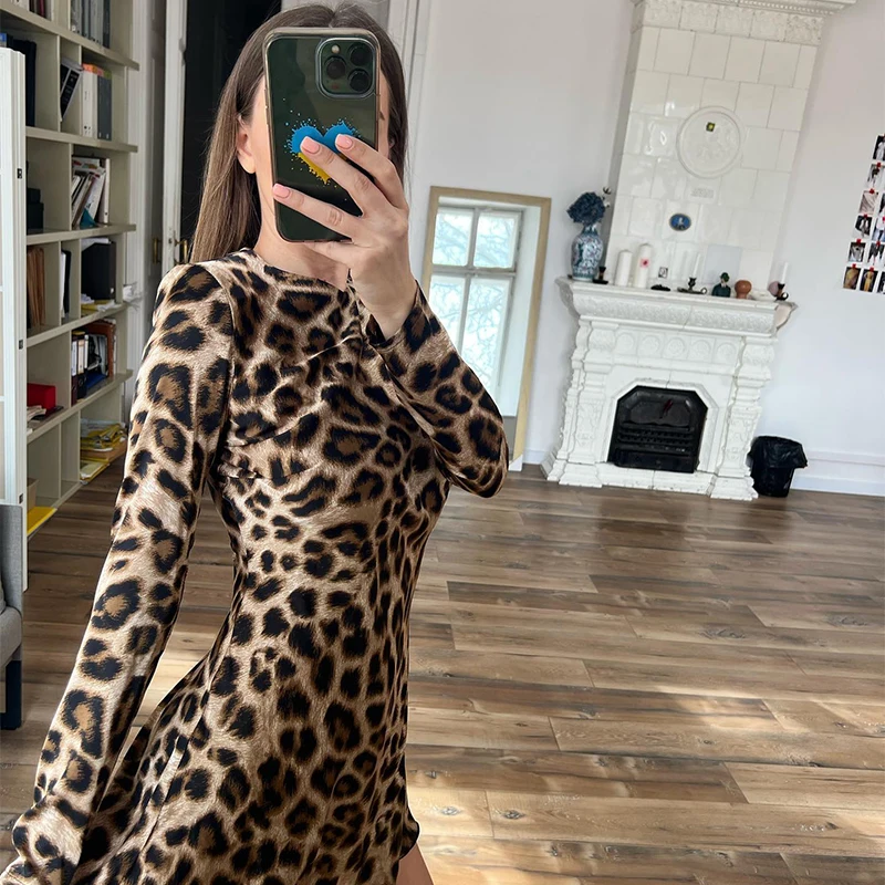 

Sexy Leopard Print Slim Fit Mini Dress，women's Long Sleeve Round Neck Short Dress，2024 Summer，ladies Fashion Retro Street Wear，