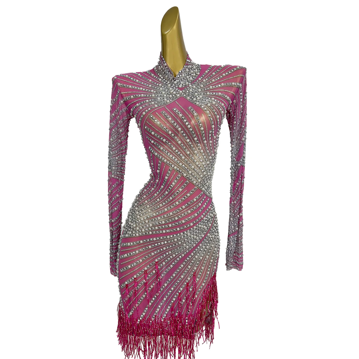 

2024 Women's European American Style Long Sleeved Dress Sexy Tassel Side Seam Latin Dance Costume Holiday Party Birthday Dress