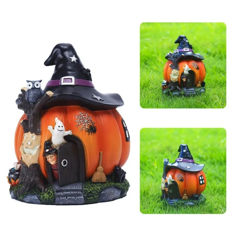 Halloween Pumpkin House Mini Landscape Witch Ghost House Decoration Luminous Resin Crafts Miniature Ornament Featival Biological
