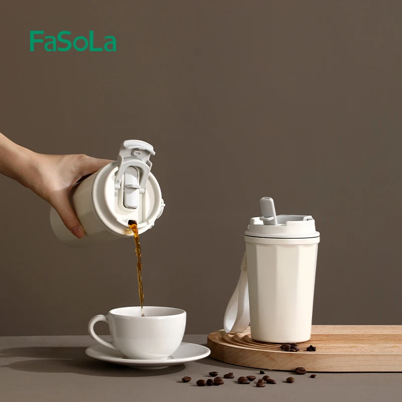 FaSoLa 390ml/13oz Double Drinking Coffee Cup Portable Stainless Steel Vacuum Flasks with Rope Lifting Travel Mug Spill Proof