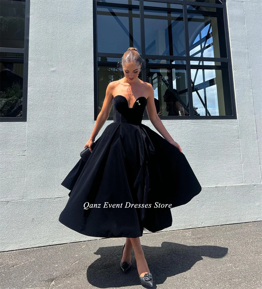 Qanz Vintage Velour Prom Dresses Black Strapless A Line Backless Dress Party Evening Elegant Luxury Celebrity Formal Customized