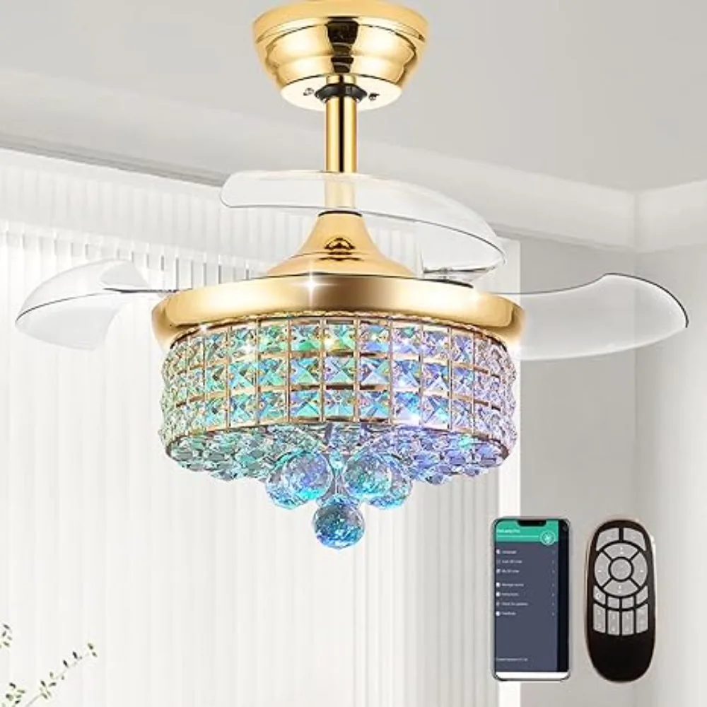 

30-дюймовый современный вентилятор для люстры RGB, выдвижной хрустальный потолочный вентилятор с подсветкой, 6 скоростей, двусторонние лопасти, Bluetooth, золото