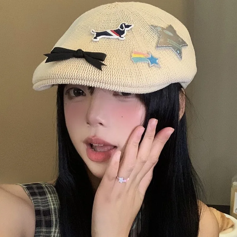 

Новый летний тонкий декоративный берет с бантом для щенка Женская дышащая шапка с большой головой уличная универсальная модная кепка с козырьком