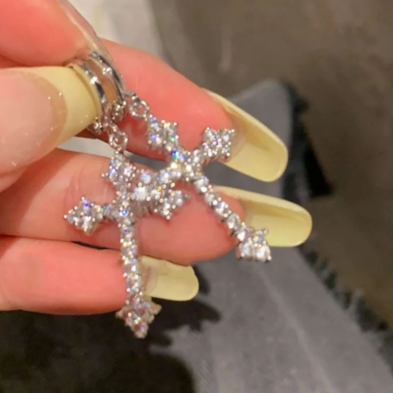 New Rhinestone Zircon Cross Pendant Earrings For Women Korean Fashion Drop Hoop Earrings Birthday Party Jewelry Gifts