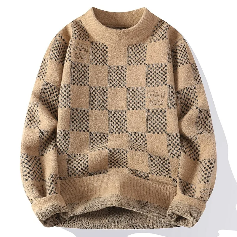 New Checkered Knitted Sweater American 2024 Trendy Men's Tops Classic Autumn Knitted Hoodie Fashionable Slimming Harajuku