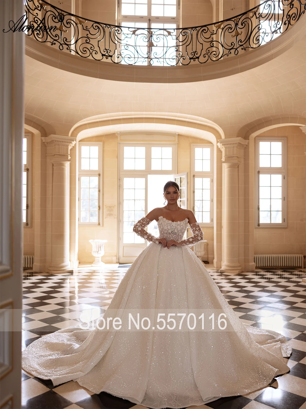 Alonlivn Custom Made Shiny Lace Ball Gown Wedding Dresses Removable Sleeves Beaded Flowers Boat Neck Princess Bridal Gowns