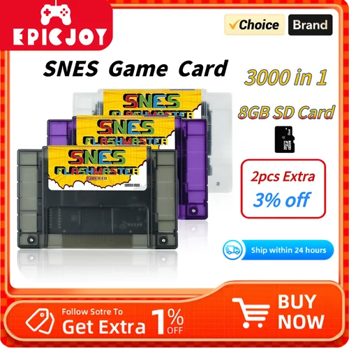 Tarjeta de juego EPICJOY Super SNES, tarjeta SNES 3000 en 1 con tarjeta TF de 8GB para consola Nintendo SNES, Compatible con consola original de EE. UU.