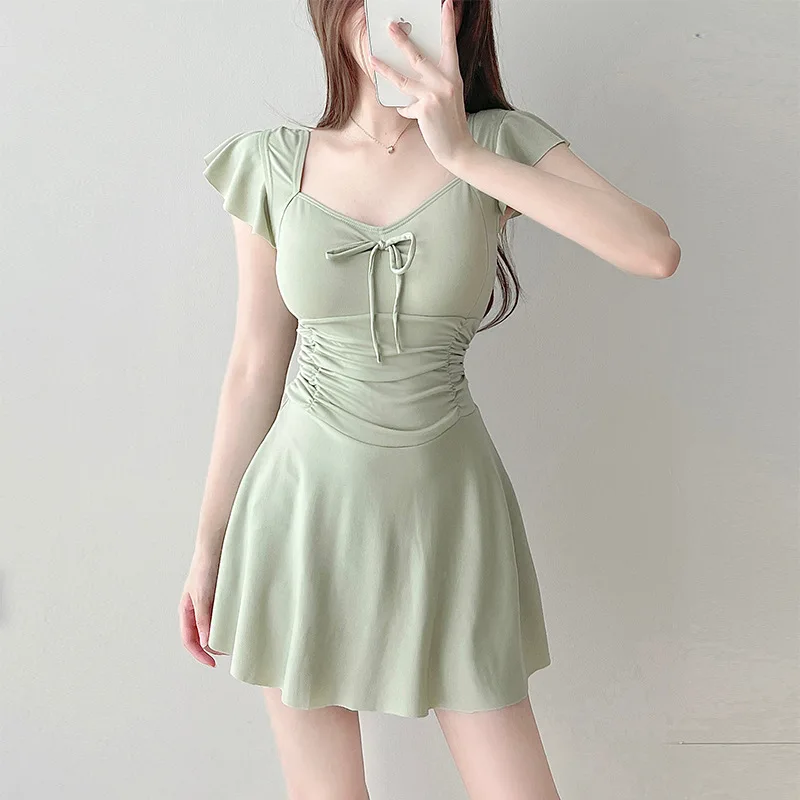 Swimsuit women's one-piece solid color skirt conservative slim fit cover the flesh cover belly student hot spring