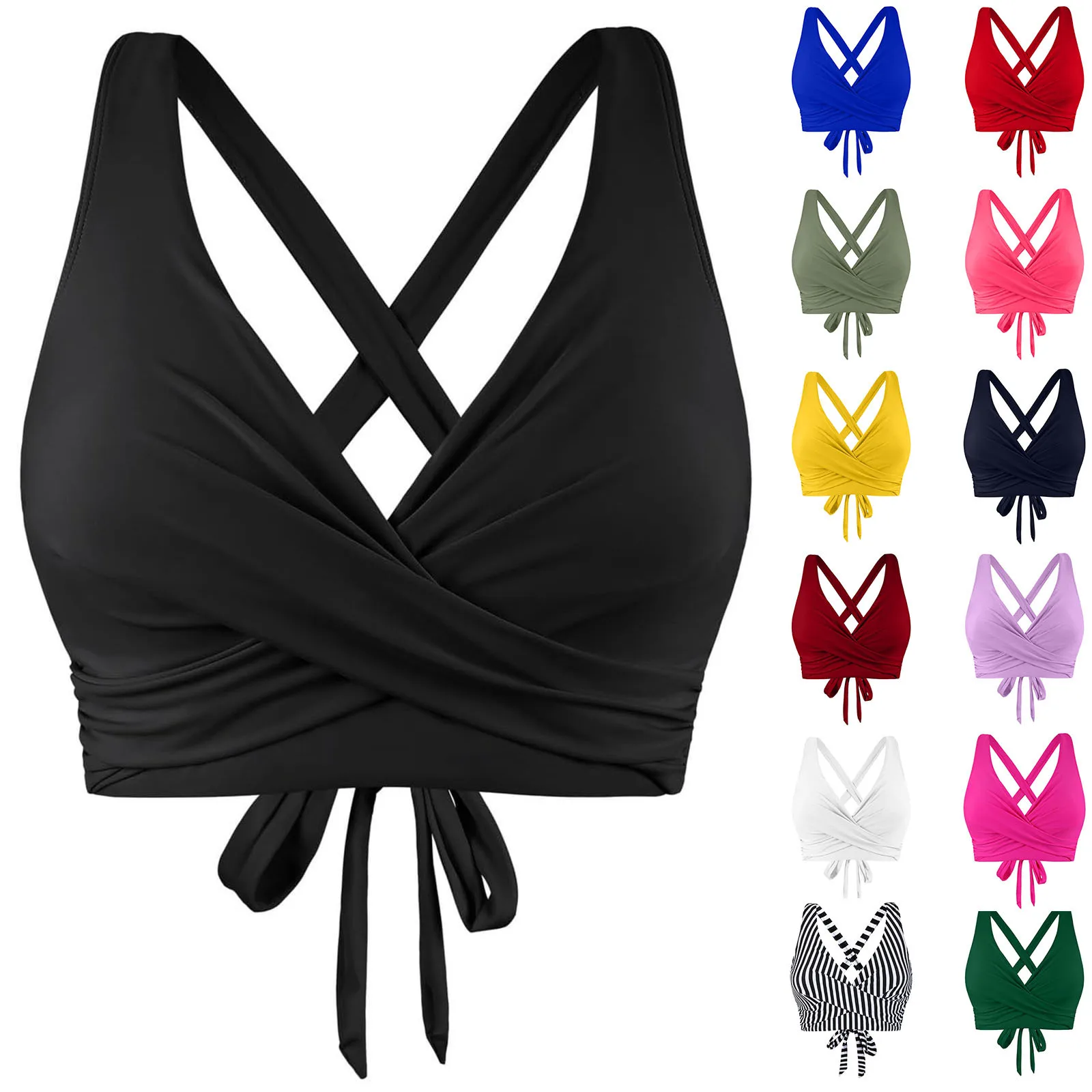 Women's Basic Backless Sexy Swimming Top Fashion Solid Color Cross Tie Bra with Chest Pad No Steel Support Beach Swimsuit