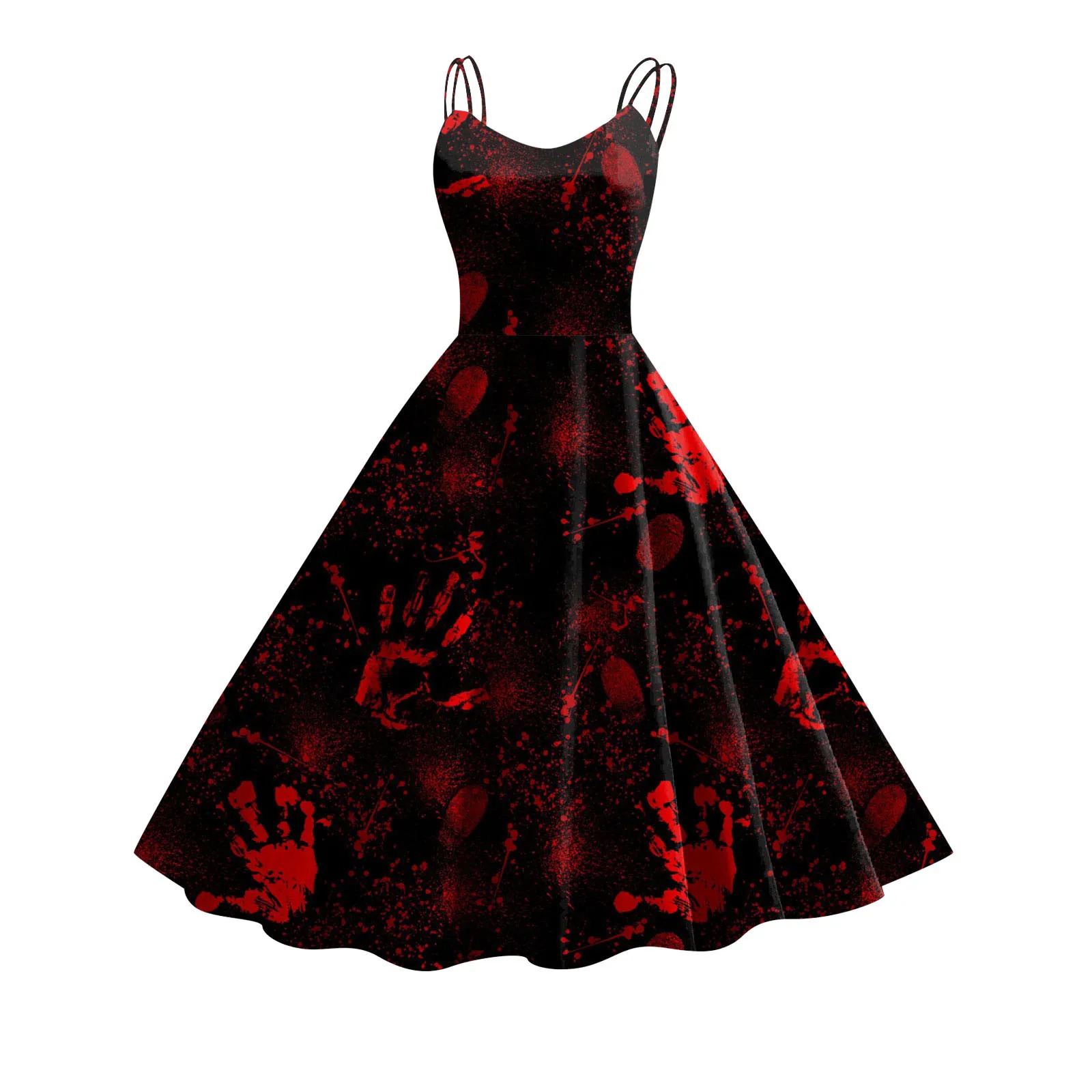 Women Vintage Halloween Print Sleeveless Strap Dress 1950s Evening Swing Party Prom Dress Summer Knee Length Dresses For Women