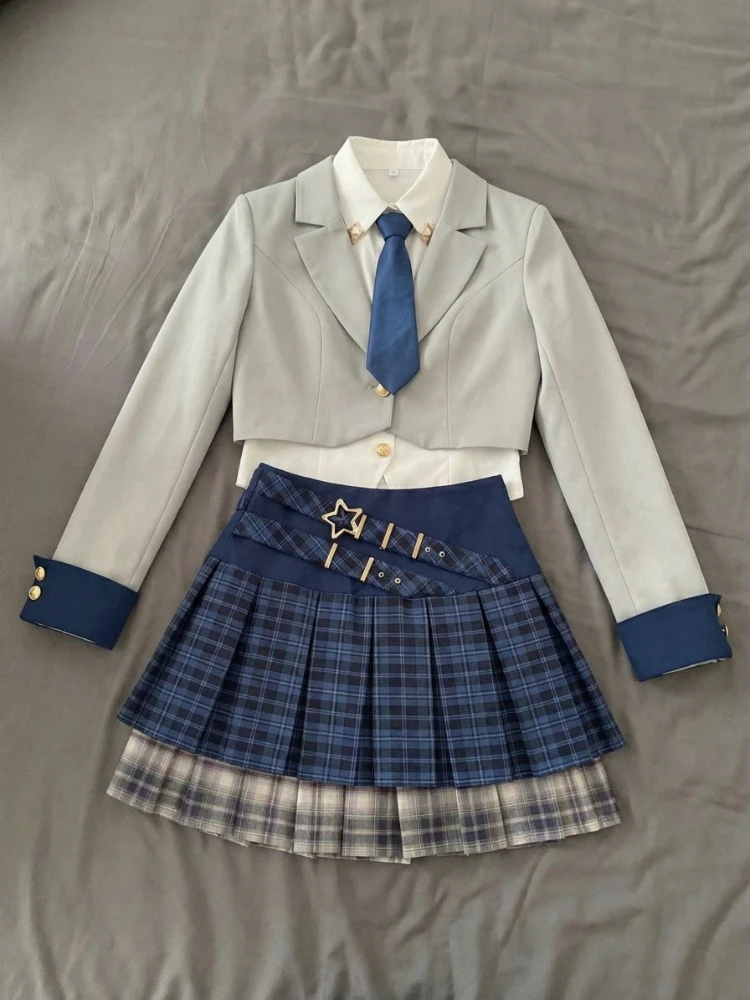 

Весенний комплект школьной формы в стиле JK: женский костюм из 3 предметов (пиджак, юбка в клетку, винтажная мини-юбка), популярная корейская одежда