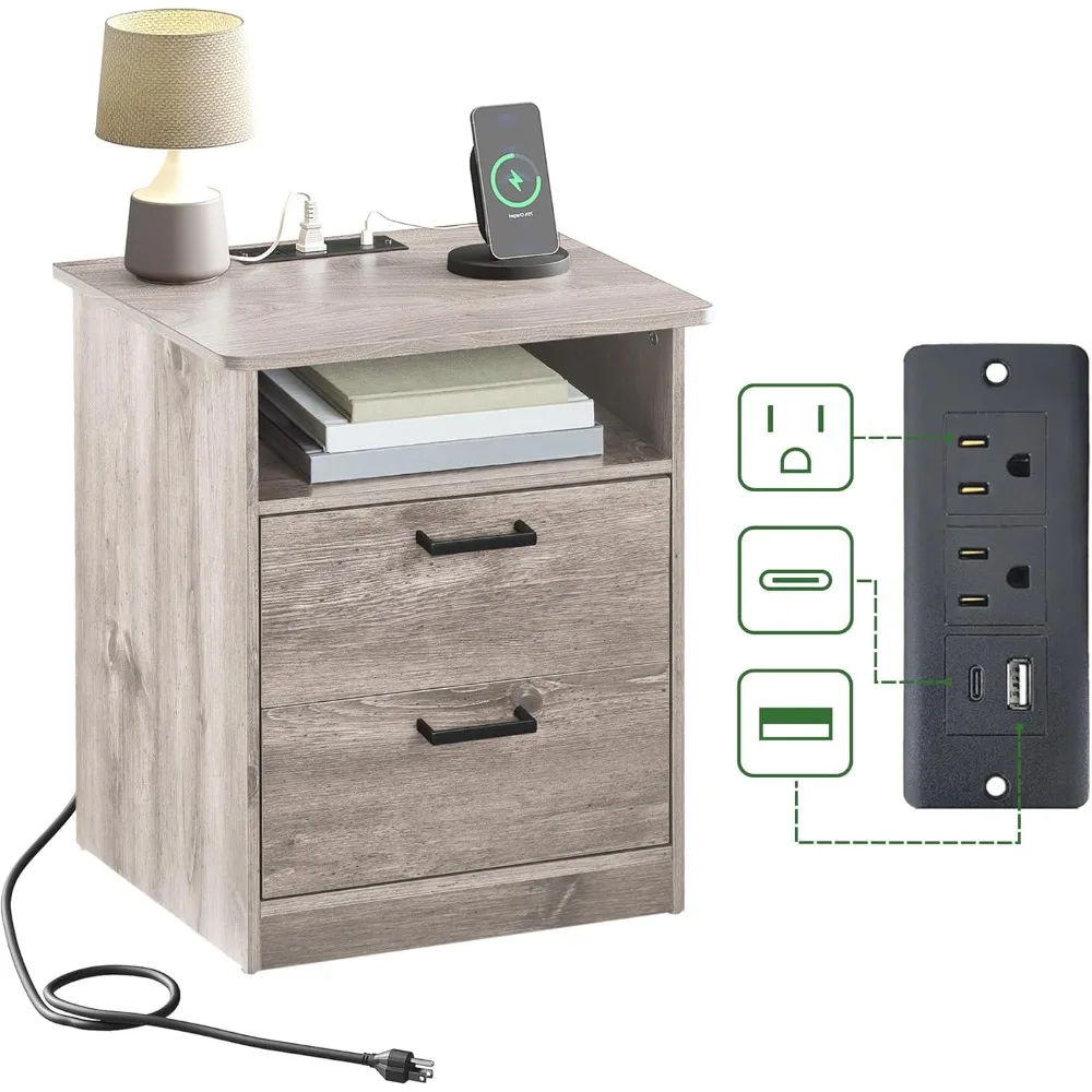 

Everyday Side Table with Fast Charging Station - USB C Cable Fast Charging, Wooden Grey Nightstand Bedside Table with 2 Drawers