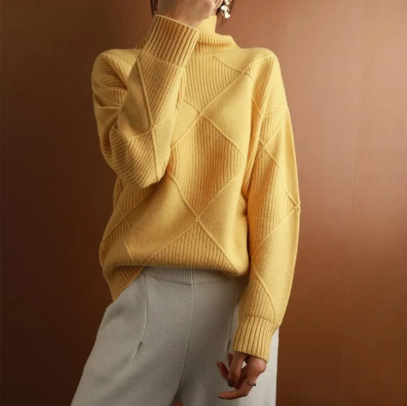 

Cashmere sweater women turtleneck sweater pure color knitted turtleneck pullover 100% pure wool loose large size sweater women