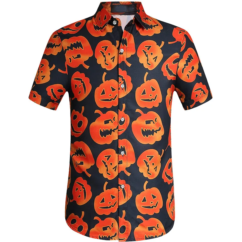 3D Print Mens Halloween Pumpkin Shirts Short Sleeve Causal Button Down Hawaii Beach Shirts Mens Plus Size Blouse T Shirt Clothes