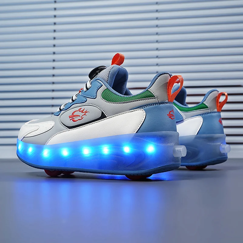 2 en 1 adultes enfants garçons filles 4 roues rechargeables lumière LED déformation coup de pied chaussures de patin à roulettes