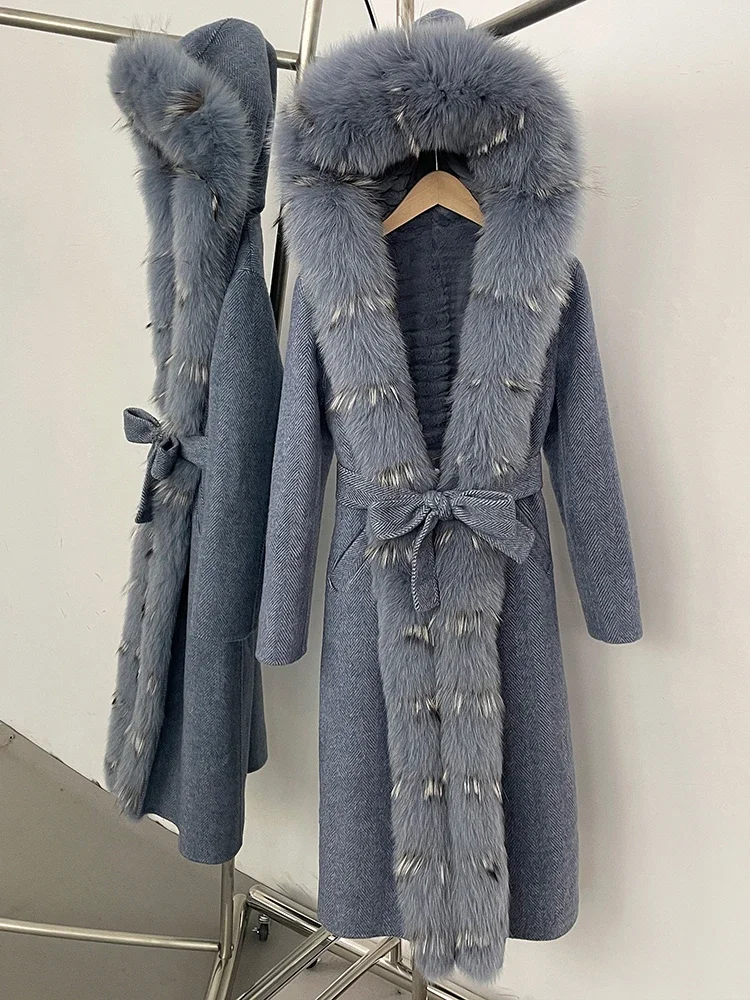 2025.novo outono inverno roupas femininas quente longo com capuz pele de lã jaqueta grossa forro de pele de coelho casaco de lã feminino