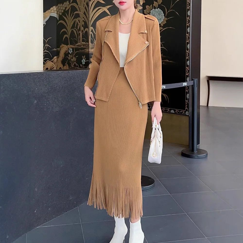 

Женская куртка Miyake Goddess на весну и осень, новый модный костюм высокого класса с воротником на молнии, плиссированный топ с карманами и длинными рукавами