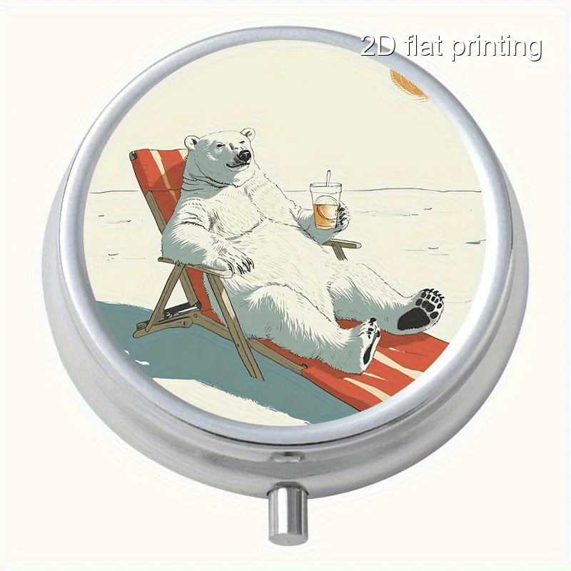 Creative Polar Bear Print Pattern Round Metal Box with 3 Compartments, Portable Mini Metal Box, Vitamin Metal Box, Portable Metal Box for Home and Travel, Multifunctional Sorting and Storage Box, Small Metal Box for Decorations, Earrings, and Jewelry, Multi-Compartment Storage Box, Sealed and Moisture-Proof, Unique Holiday Gift for Family and Friends