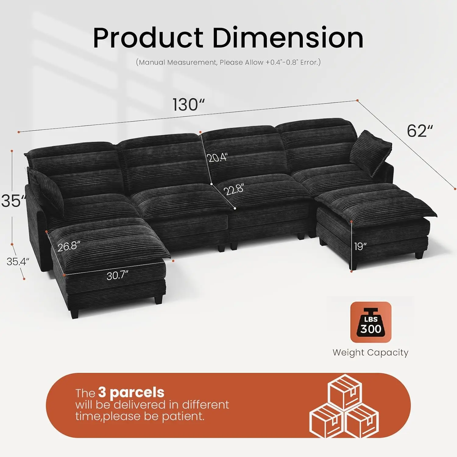 6 Seat U-Shaped Ergonomic Modular Sofa Convertible Cloud Sectional for Living Room Larger Corduroy, Black, Customized