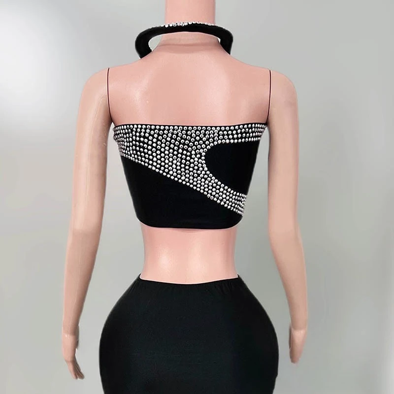 Ekskluzywny czarny strój sceniczny dwuczęściowy z diamentami w kształcie węża dla piosenkarki, elegancka sukienka na roczne spotkanie.