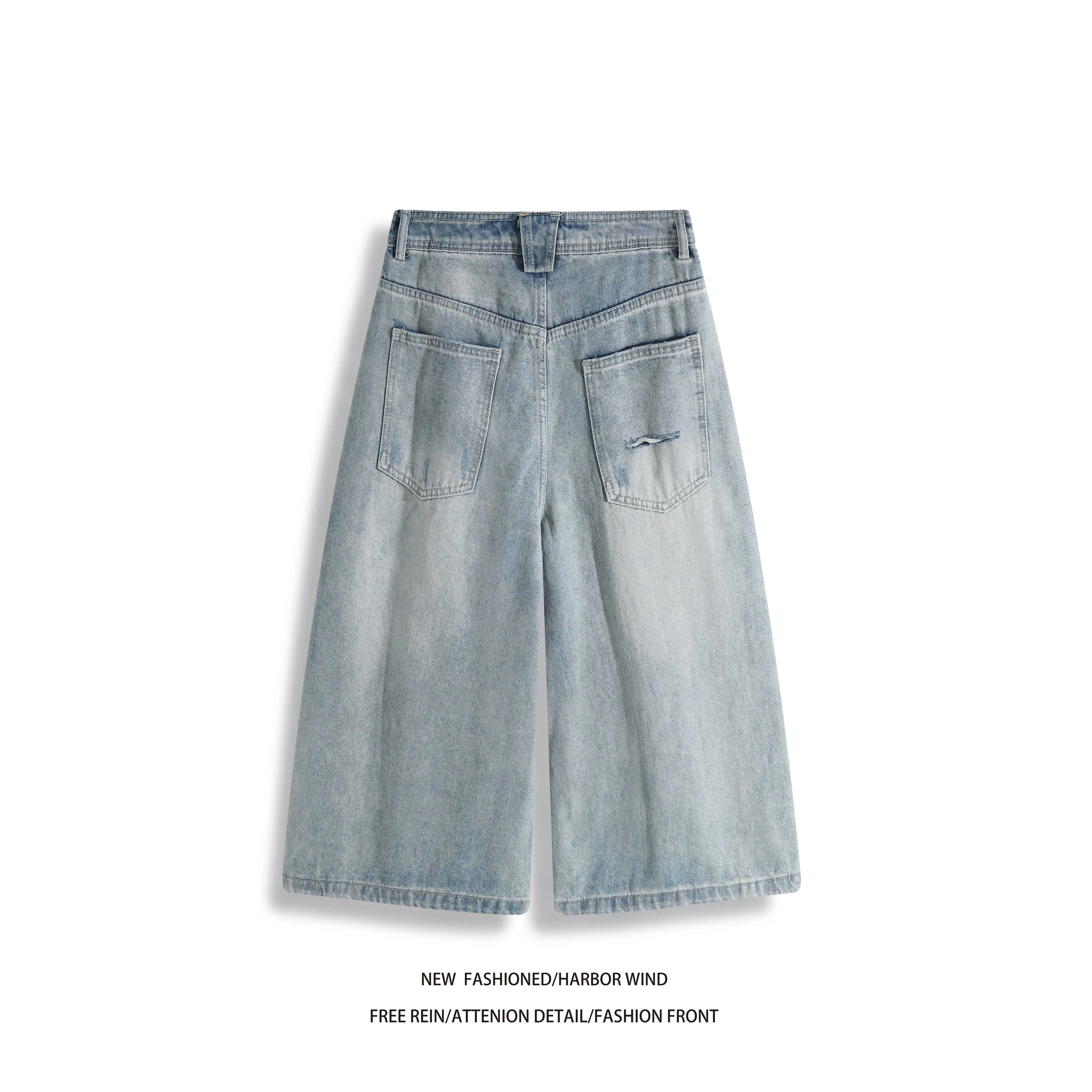 Summer New American Retro Blue Ripped Design Loose Wide Leg Cropped Pants Men's Jeans Man Pants