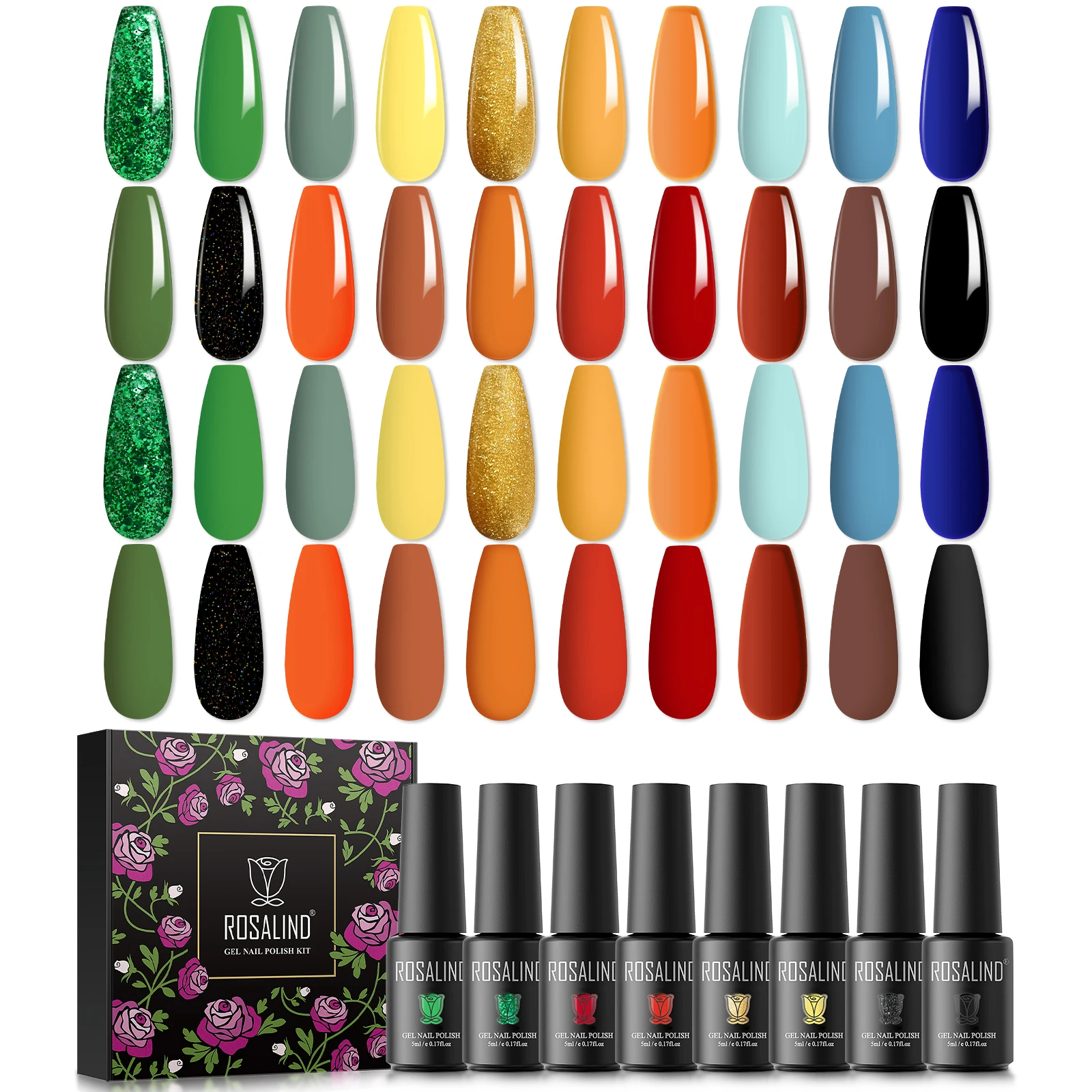 ROSALIND 20PCS Gel Nail Polish Set, Green Yellow Orange Blue Gel Colors Polish, Soak off Colorful Gel Collection Pumpkin Color H