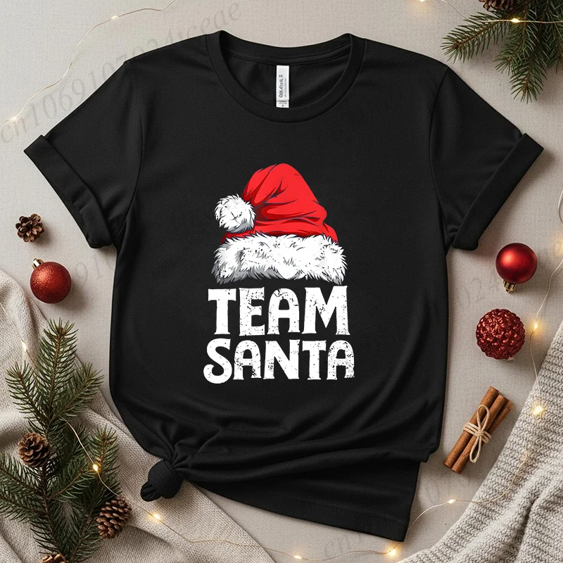 Women's Casual Short Sleeve T-Shirt with Christmas Team Santa Print T-Shirts Round Neck Christmas Party Wear Women's Clothing