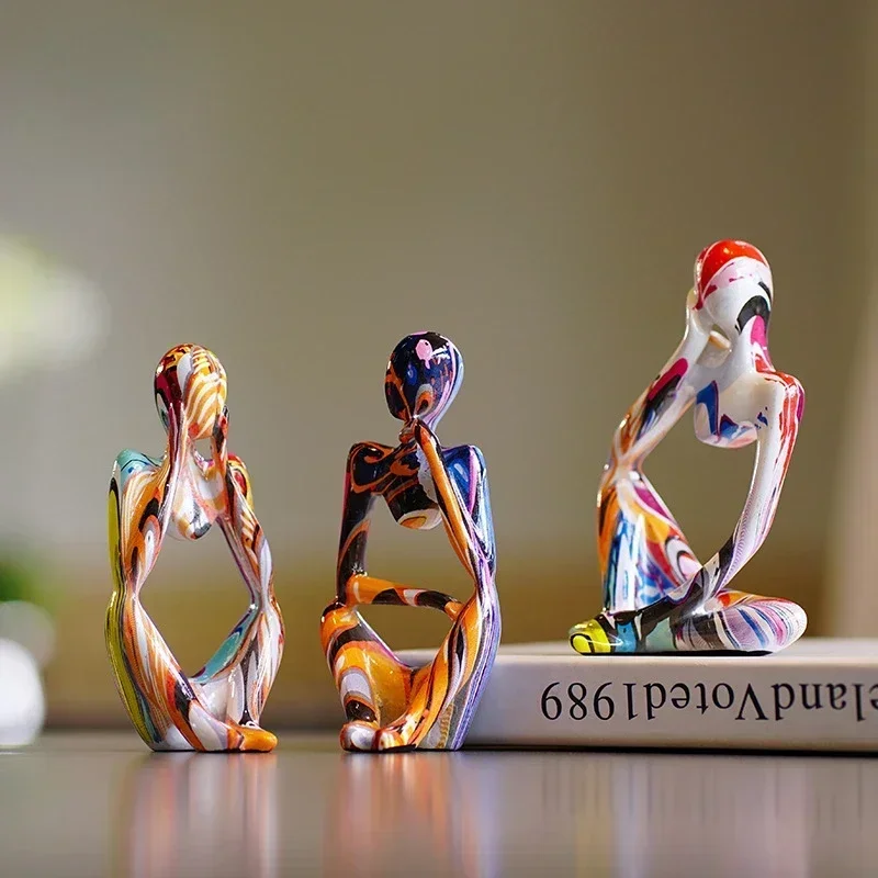 3pcs Home Decoration Room Decorative Ornaments Colorful Abstract Thinker Statue Graffiti Resin Characters Figurines for Interior