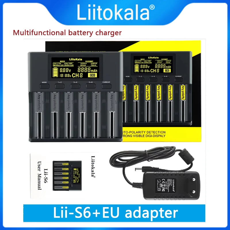 LiitoKala Lii-S6 18650 Battery charger 6-Slot Auto-Polarity Detect For 26650 21700 14500 10440 16340 1.2V 3.7V battery