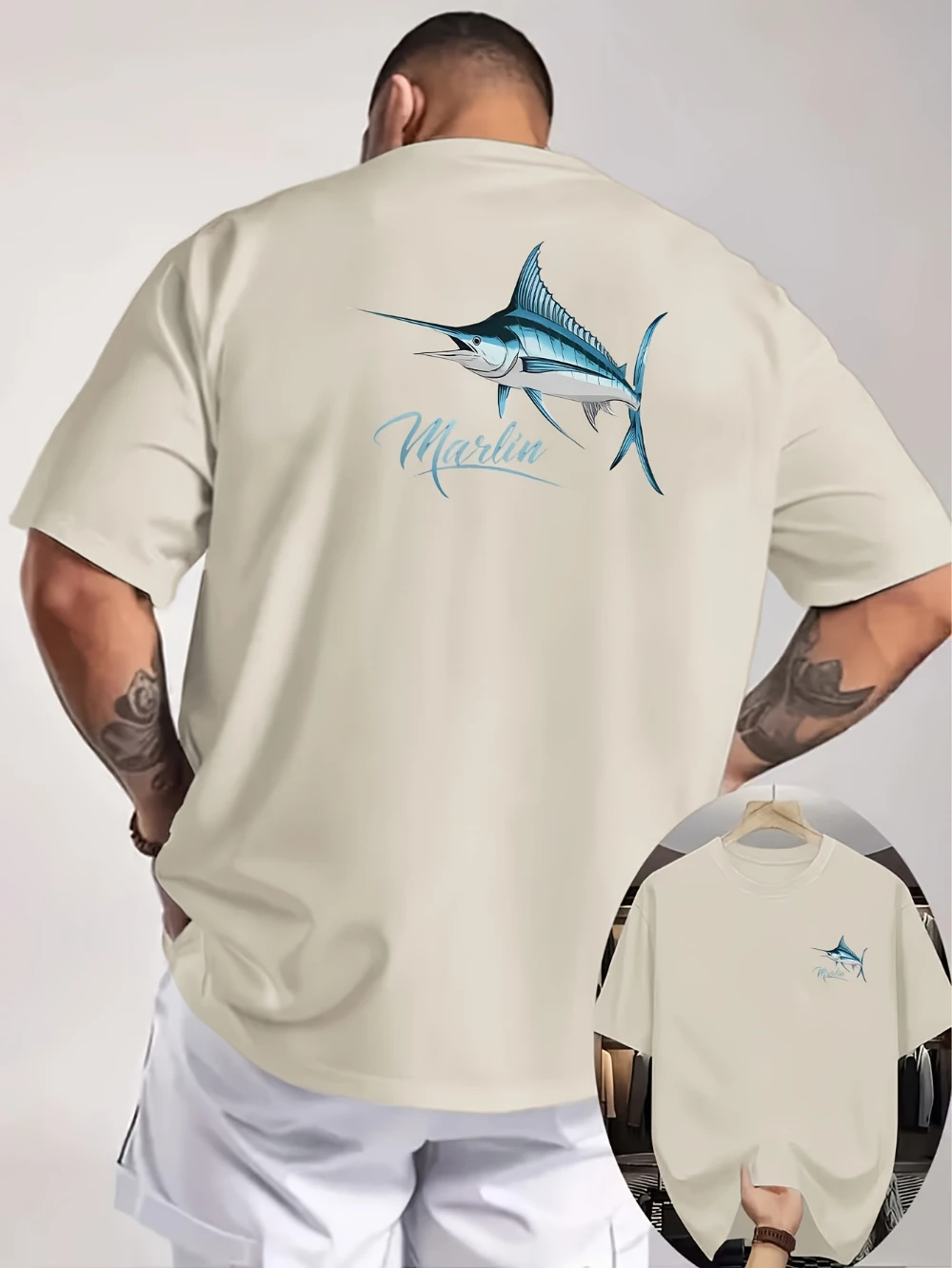 Marlin Gradient Pattern Double-Sided Print Men's T-Shirt Deep Sea Fishing Style Versatile Top Men's T-shirts for Summer