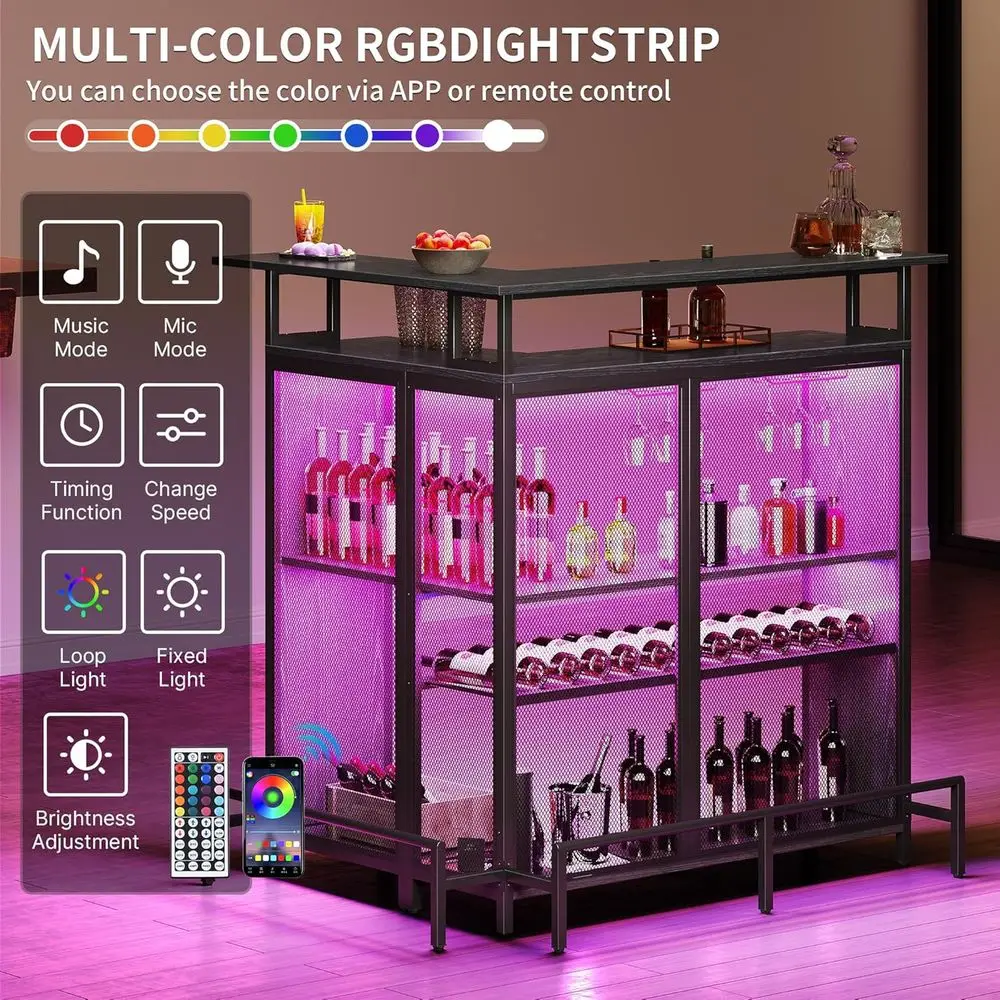 Unità bar a forma di L controllata a LED con tavolo per liquori a 4 livelli, portabottiglie, contenitore e portabicchiere per cucina pub in nero