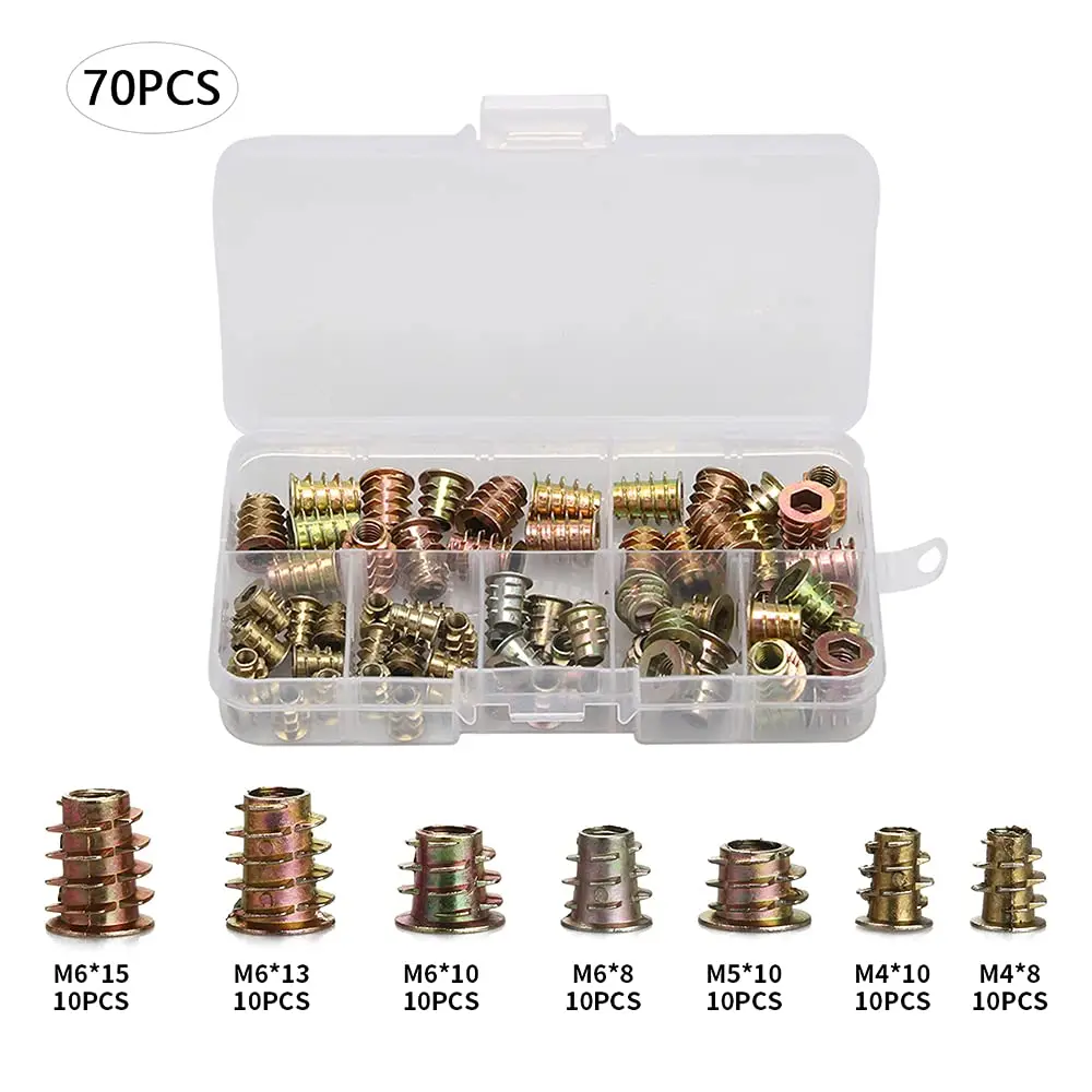 70PCS Threaded Inserts Nuts,Wood Insert Kit,M4/M5/M6 Screw in Nut Wood Inserts Bolt Fastener Hex Socket Drive for Wood Furniture