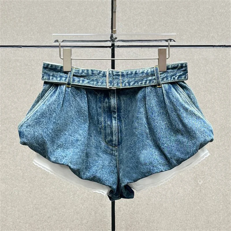 women's shorts New double layered fabric high waisted mini pants for the summer of 2026 Belt slim fit pure cotton denim shorts