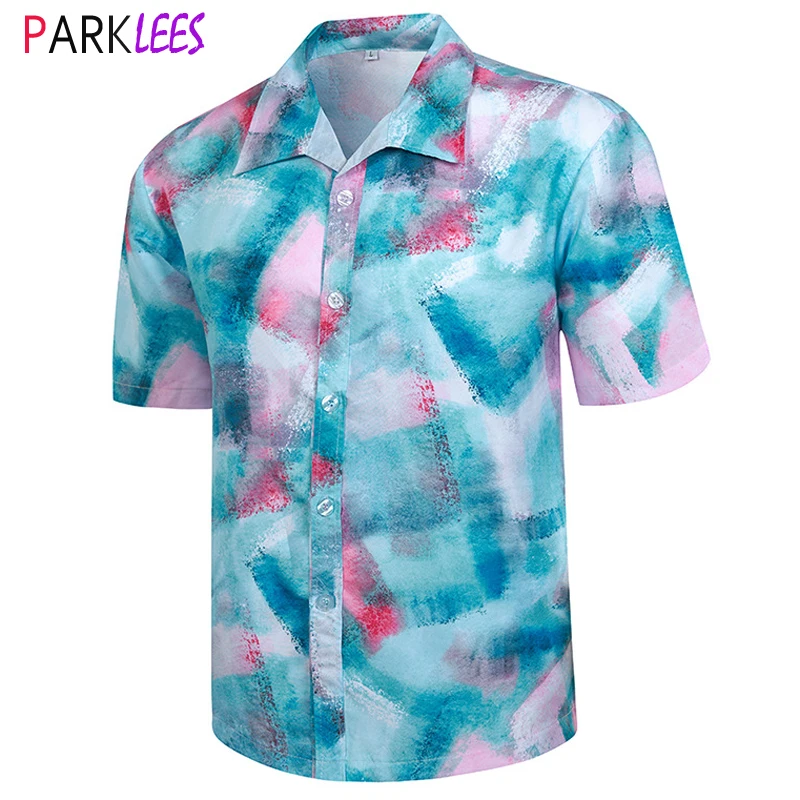 

Colorful Splash Ink Print Hawaiian Shirt Men Short Sleeve Summer Quick Dry Funky Beach Shirts Mens Tropical Vacation Shirts Male