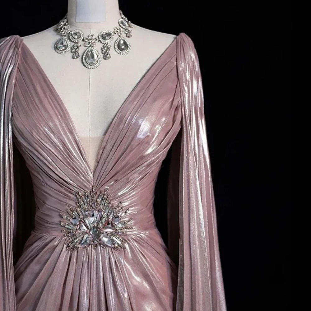 

2025 Pink Pleated Dress V-Neck Lustrous Satin Bridal Gowns Formal Long Sleeves Floor-length Evening Dress for Wedding Guest