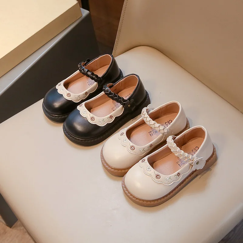 Girls Leather Shoes Size 23-35 Soft Bottom Leather Children's Single Shoes Fashion Versatile Children's Floral Embroidery Shoes