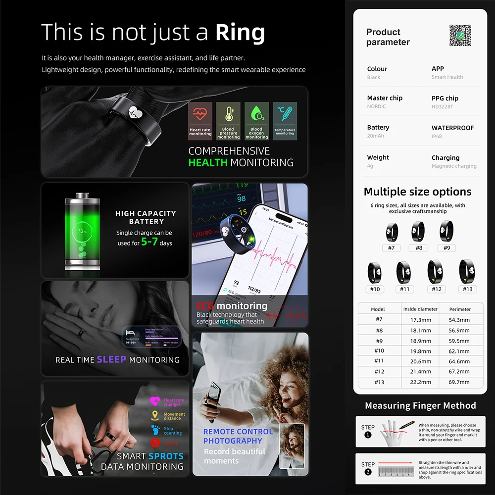 Cincin Pintar Monitor EKG R30 Untuk Pria Wanita, Monitor Suhu Tubuh, Detak Jantung, Tekanan Darah, Oksigen, Cincin Jari Bahan Stainless Steel