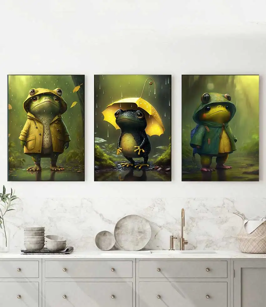 1pc frameless canvas Animal in Raincoat with Umbrella Canvas Art Print for  Room Home Decor Wall Be Happy Frog Rain Poster Cu