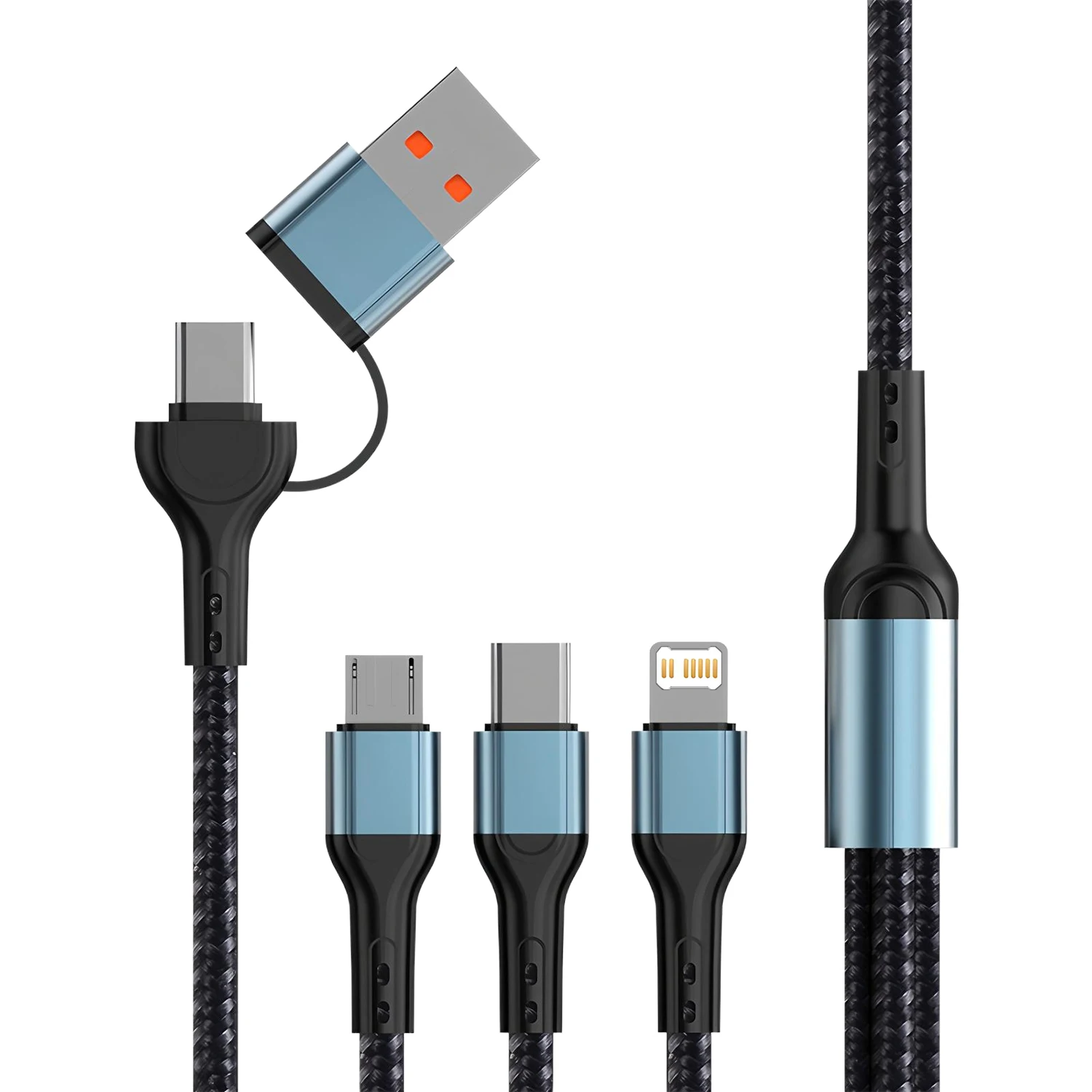 Type-C USB 5-IN-1 Fast Charging Cable Multi-ports for ios/Micro/USB-C For iPhone 17 16 15 14 Xiaomi CellPhone Charge Data Cable