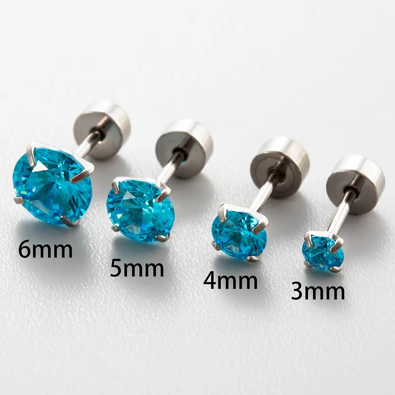 Screw-back 20G Men Women Stud Earrings 316L Stainless Steel With Ocean Blue Stones