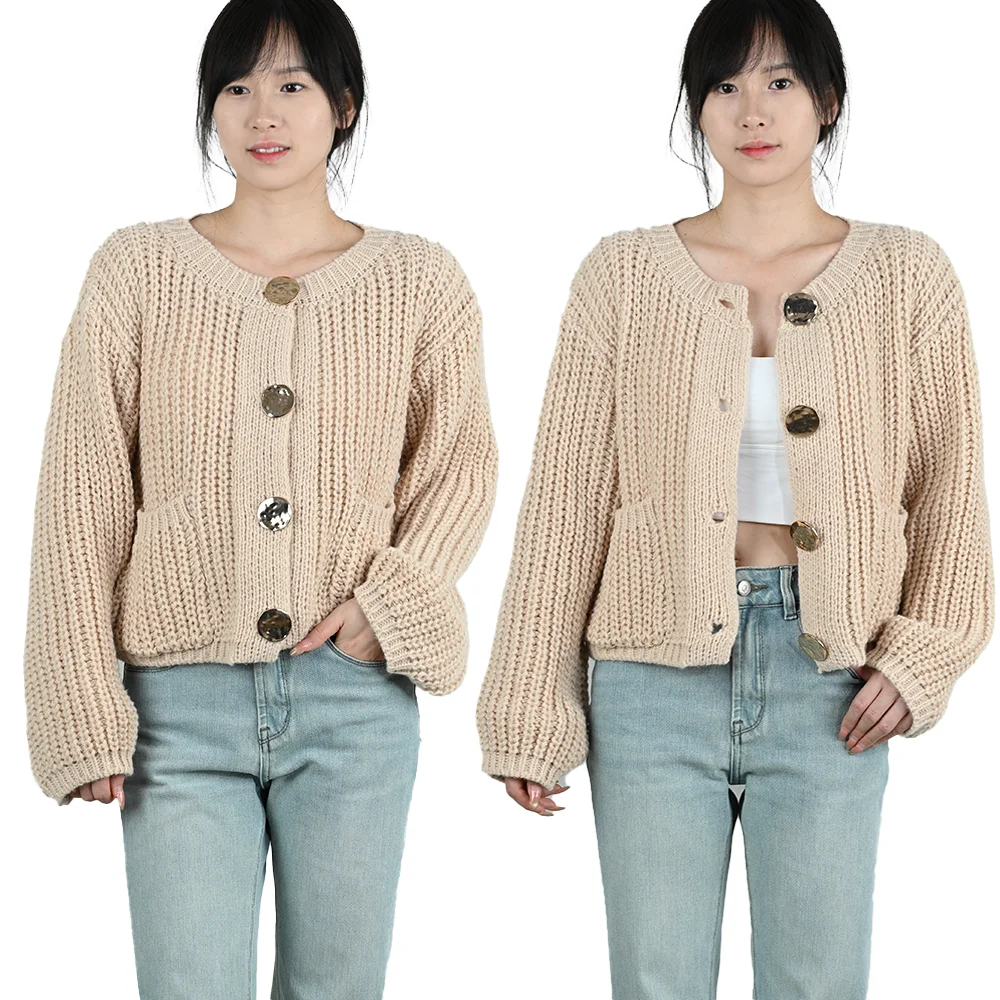 

1pc Women's Autumn Winter Knitted Cardigan Gold Buttons Long-Sleeved Sweater Fashion Casual Female Loose Cardigan Coats