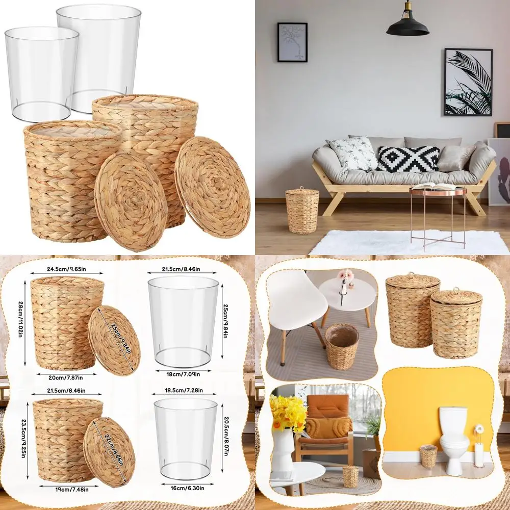 

Wicker Trash Cans with Lids and Liners, 2.7 Gallon & 1.88 Gallon, Boho Style Bathroom Wastebasket Storage Baskets