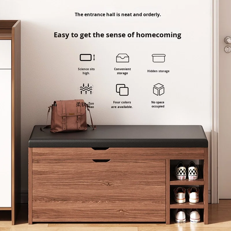 Home Use Soft-Cushioned Wooden Shoe Changing Bench With Integrated Shoe Cabinets For Entryway Entrance Hall Featuring Shoe Racks